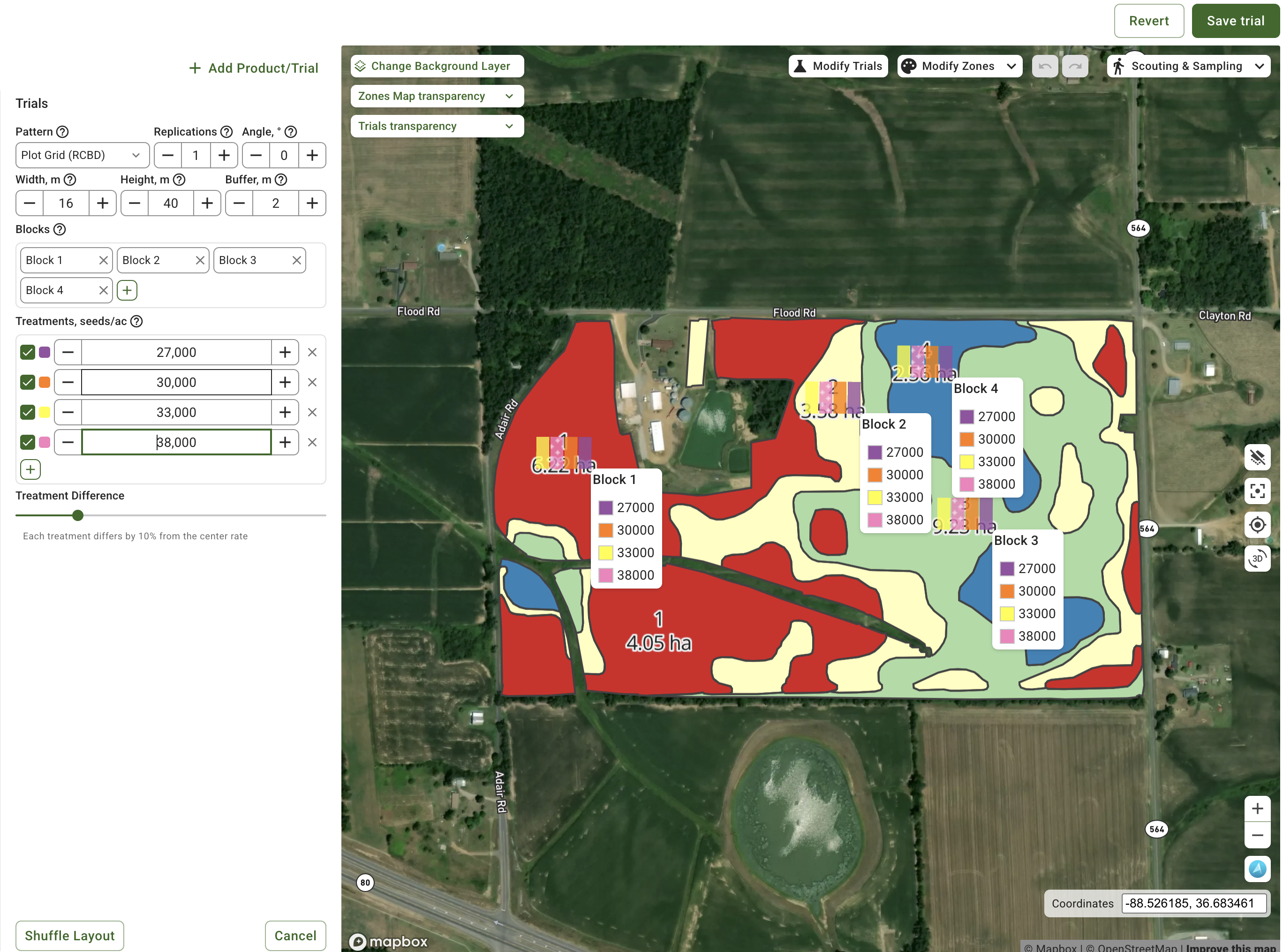 RCBD plot grid trial layout on a field in GeoPard